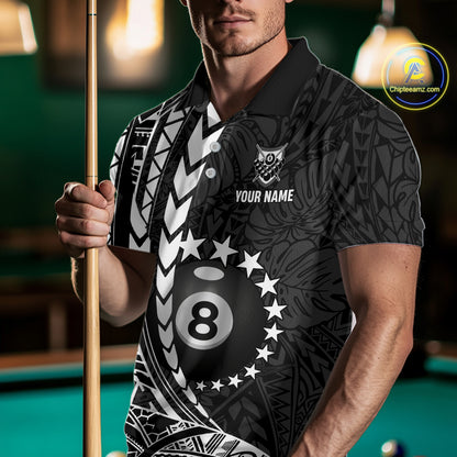 Man wearing custom black and white 8 ball pool tribal billiard team jersey polo shirt featuring tribal artwork, front view.