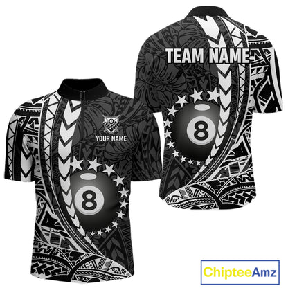 Custom black and white 8 ball pool tribal billiard team jersey quarter zip shirt for men featuring striking tribal graphics, premium billiard league apparel for tournament play.
