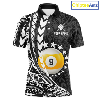 Custom black and white 9 ball pool tribal billiard team jersey polo shirt for men featuring detailed tribal artwork, premium custom pool league apparel for tournaments, league matches and competitive billiard teams.