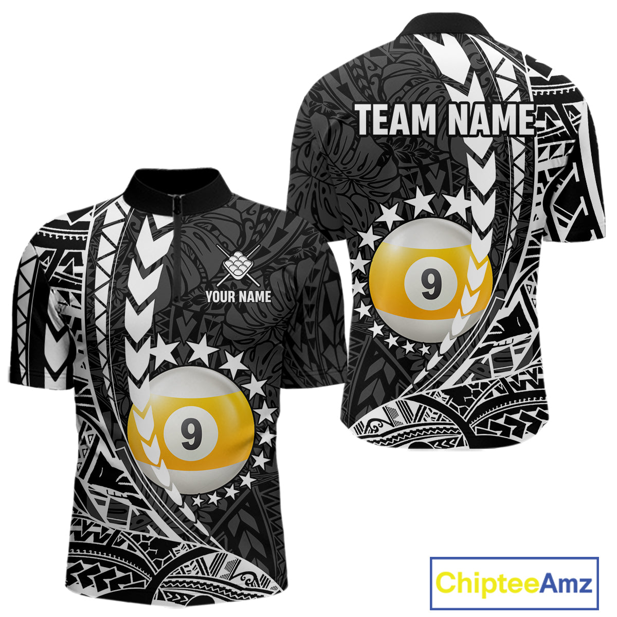 Custom black and white 9 ball pool tribal billiard team jersey quarter zip shirt for men featuring striking tribal graphics, premium billiard league apparel for tournament play.