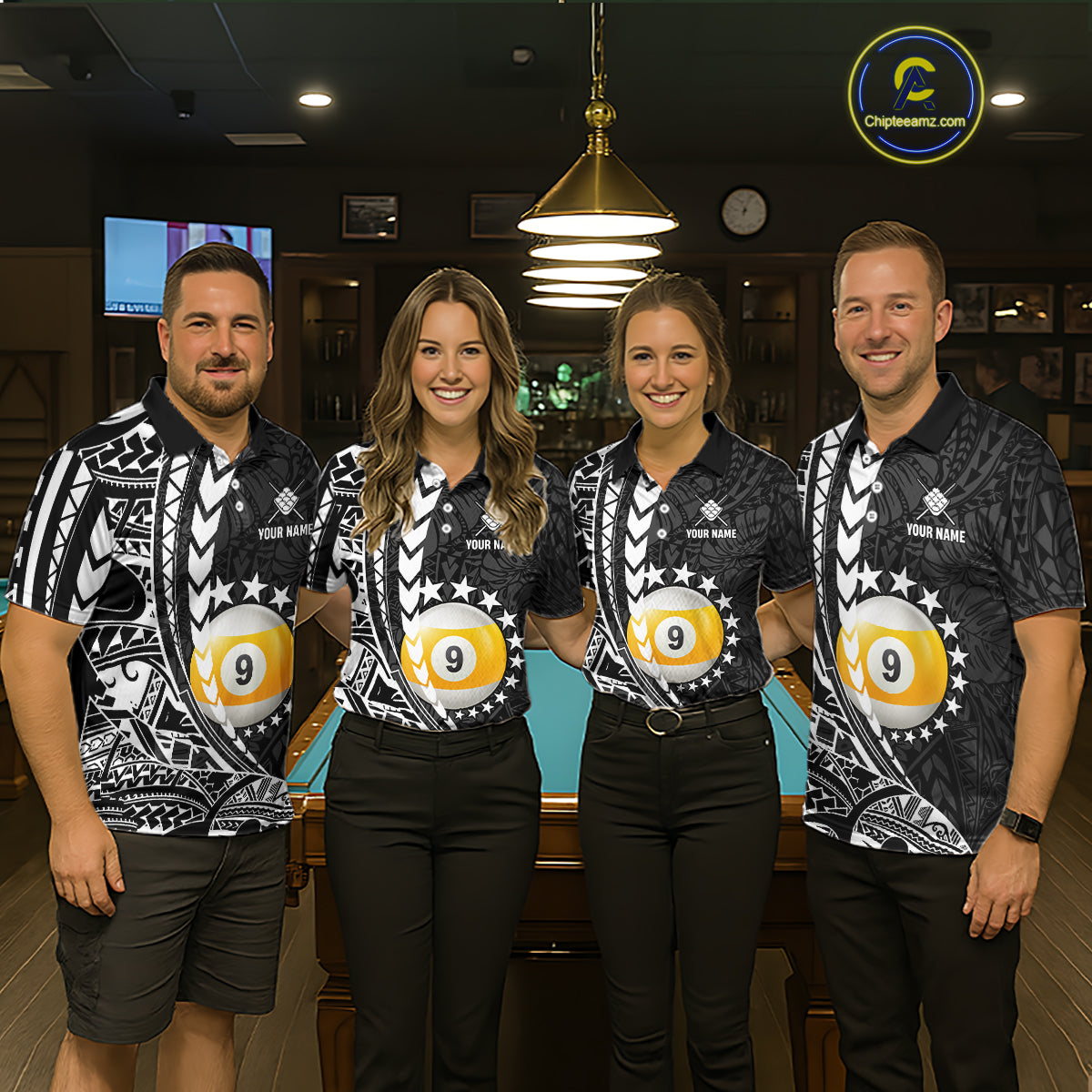 Billiard team wearing matching custom black and white 9 ball pool tribal team jerseys featuring detailed tribal graphics, front view.
