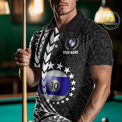 Man wearing custom black and white 10 ball pool tribal billiard team jersey polo shirt featuring tribal artwork, front view.