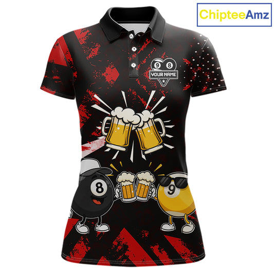 Black red funny beer 8 ball and 9 ball pool billiard team jersey polo shirt for women featuring a humorous beer-themed design, custom pool league apparel with premium performance fabric for tournaments and league competition.