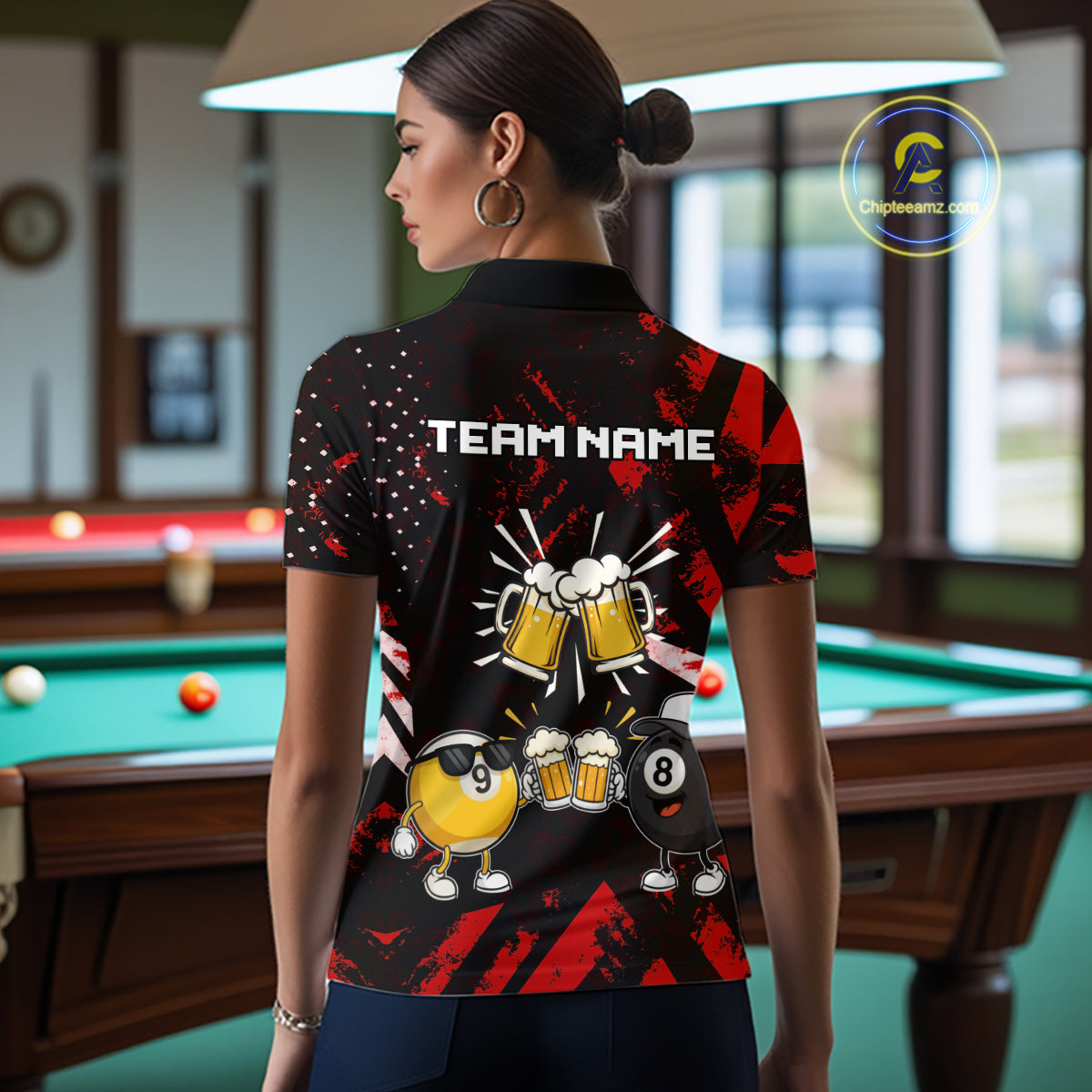 Woman wearing black red funny beer 8 ball and 9 ball pool billiard team jersey polo shirt featuring the beer-themed artwork, back view.