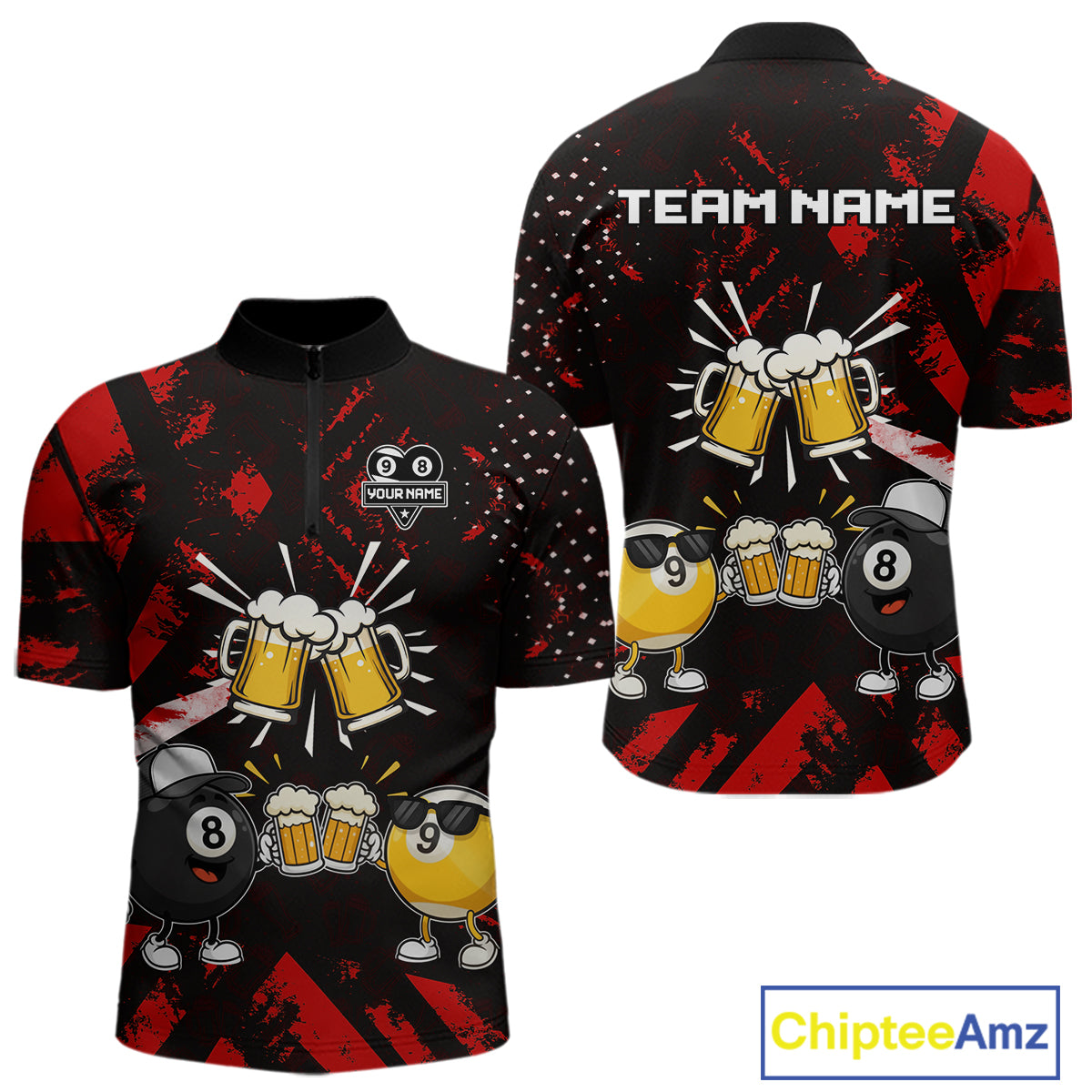 Black red funny beer 8 ball and 9 ball pool billiard team jersey quarter zip shirt for men featuring a funny beer design, custom billiard league apparel for competitive pool players.
