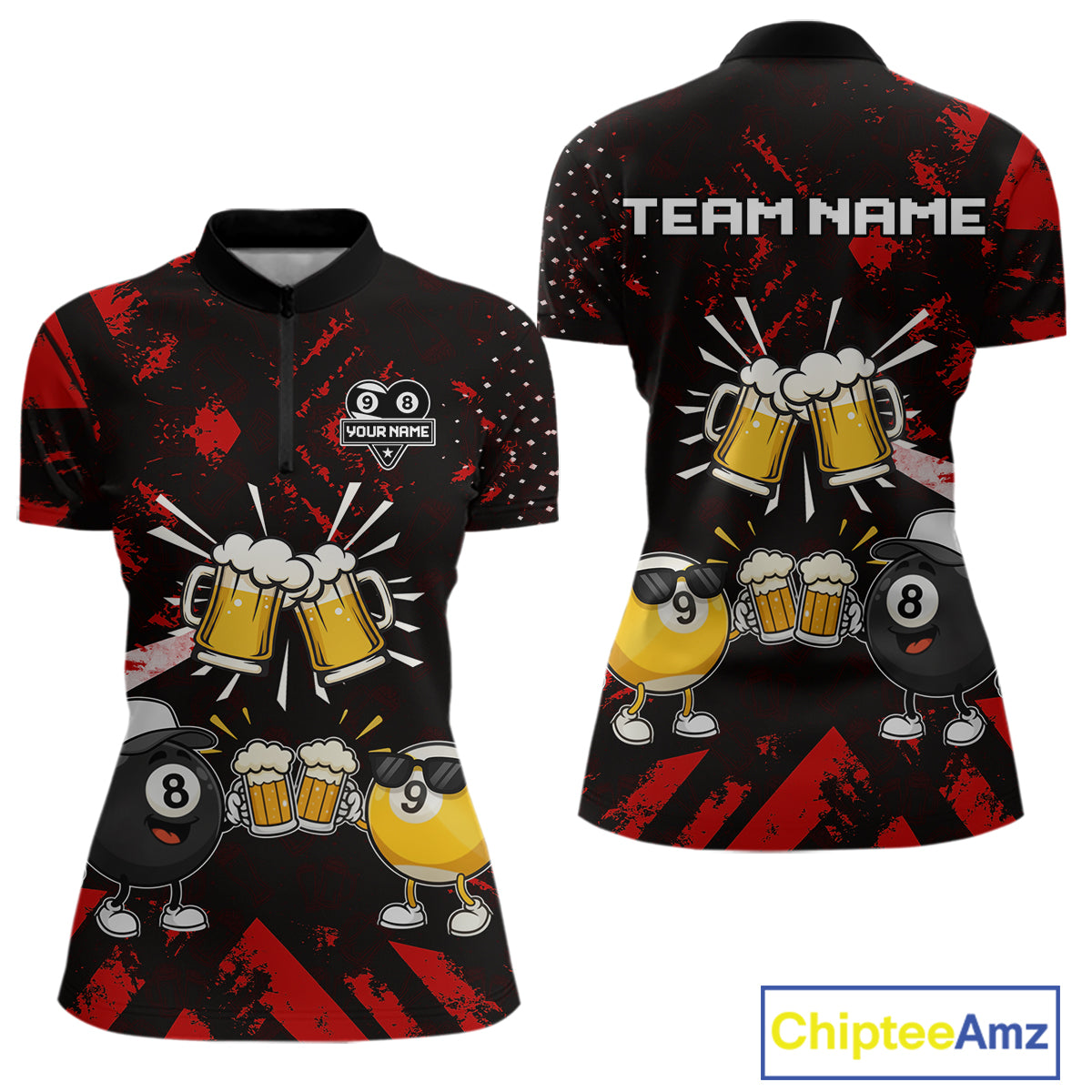 Black red funny beer 8 ball and 9 ball pool billiard team jersey quarter zip shirt for women featuring a funny beer design, custom billiard league apparel for competitive pool players.
