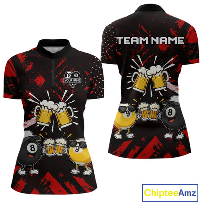 Black red funny beer 8 ball and 9 ball pool billiard team jersey quarter zip shirt for women featuring a funny beer design, custom billiard league apparel for competitive pool players.