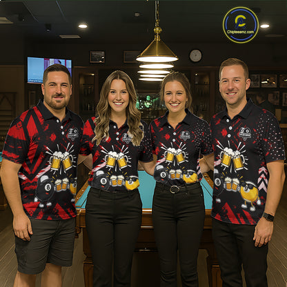 Billiard team wearing matching black red funny beer 8 ball and 9 ball pool team jerseys featuring the humorous beer design, front view.