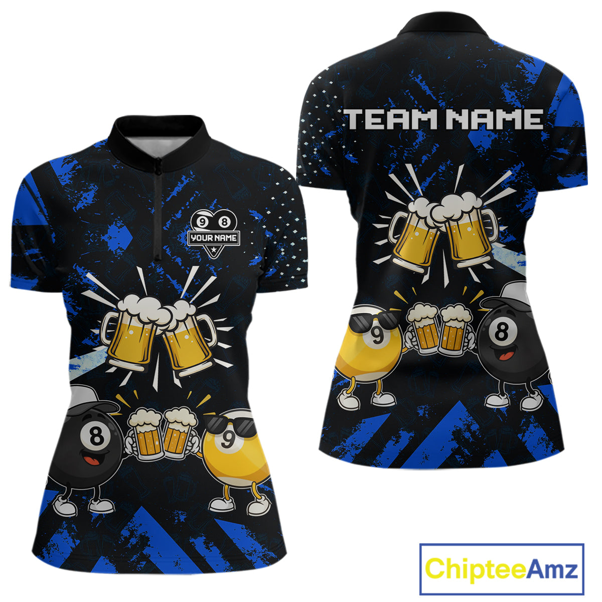 Black blue funny beer 8 ball and 9 ball pool billiard team jersey quarter zip shirt for women featuring a funny beer design, custom billiard league apparel for competitive pool players.