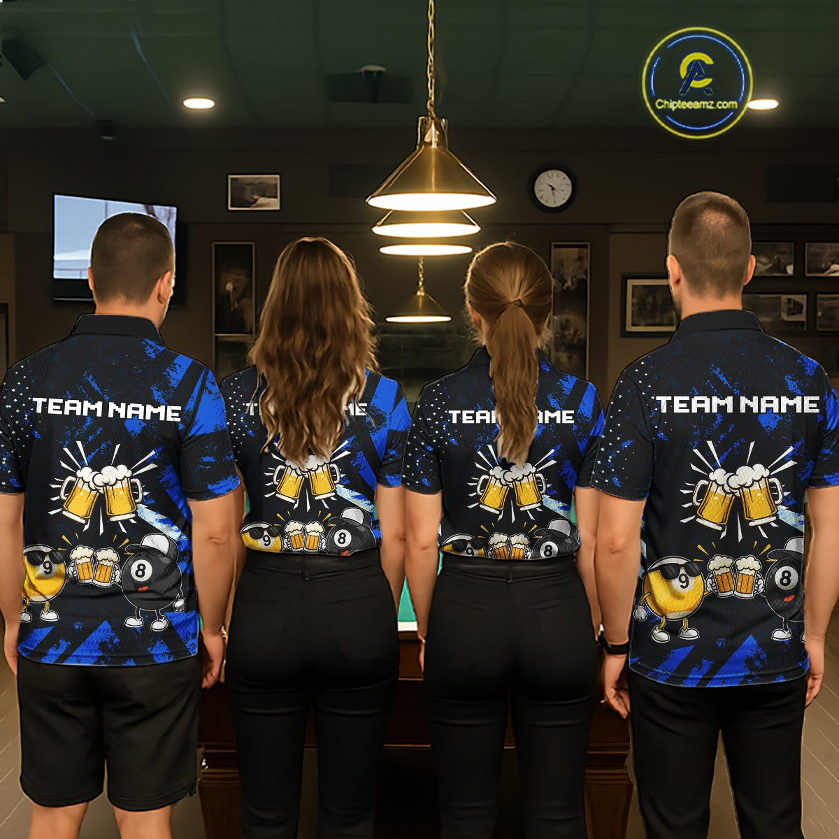 Billiard team wearing matching black blue funny beer 8 ball and 9 ball pool team jerseys featuring the humorous beer design, back view.