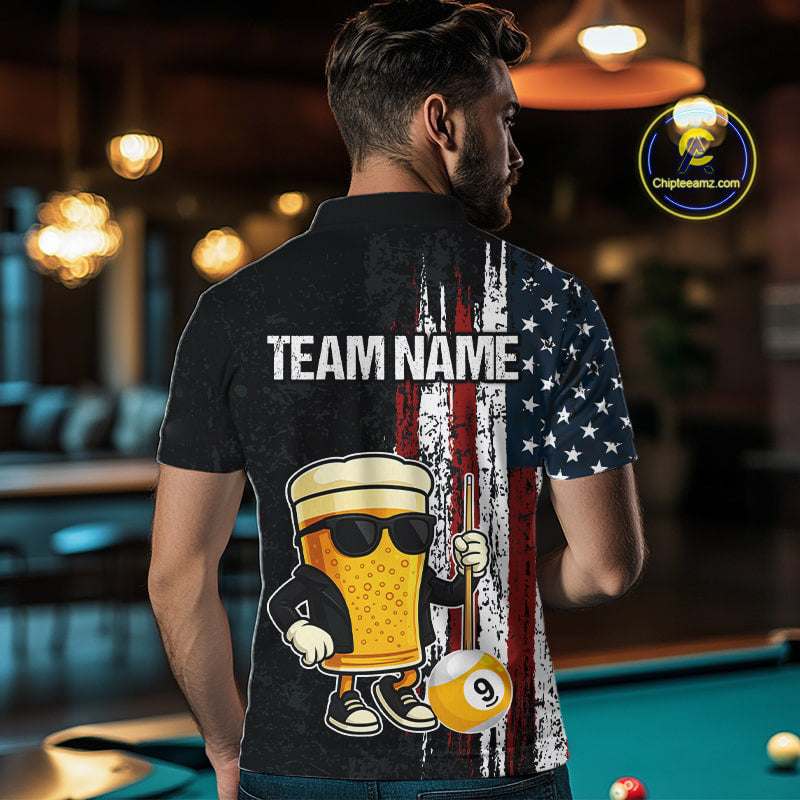 Funny Beer 8 Ball & 9 Ball American Flag Billiard Shirt For Men Custom Patriotic Pool Team Jersey TDM5427
