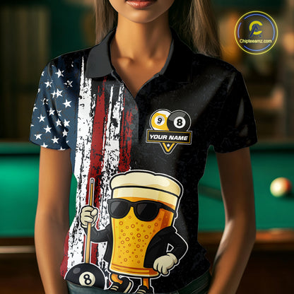 Funny Beer 8 Ball & 9 Ball American Flag Billiard Shirt For Women Custom Patriotic Pool Team Jersey TDM5427
