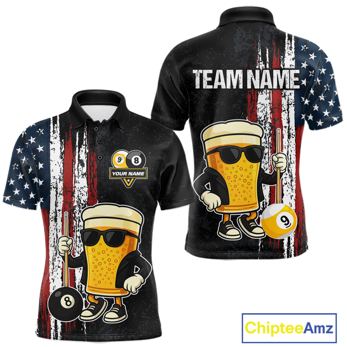 Funny Beer 8 Ball & 9 Ball American Flag Billiard Shirt For Men Custom Patriotic Pool Team Jersey TDM5427