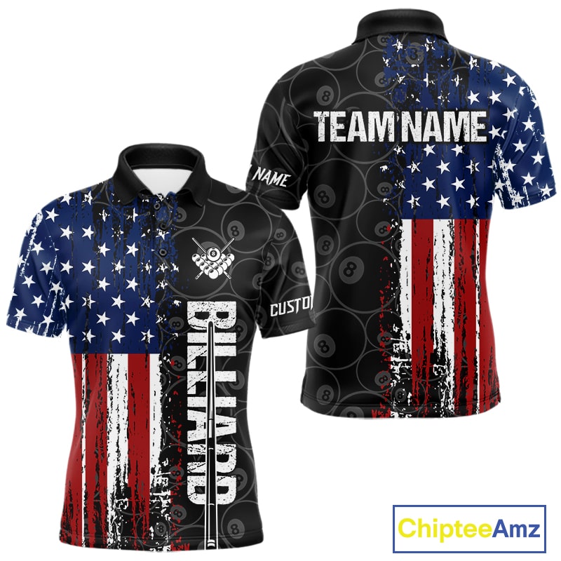 Grunge American Flag 8 Ball Pool Billiard Shirt For Men Custom Patriotic Billiard Team Jersey TDM5428