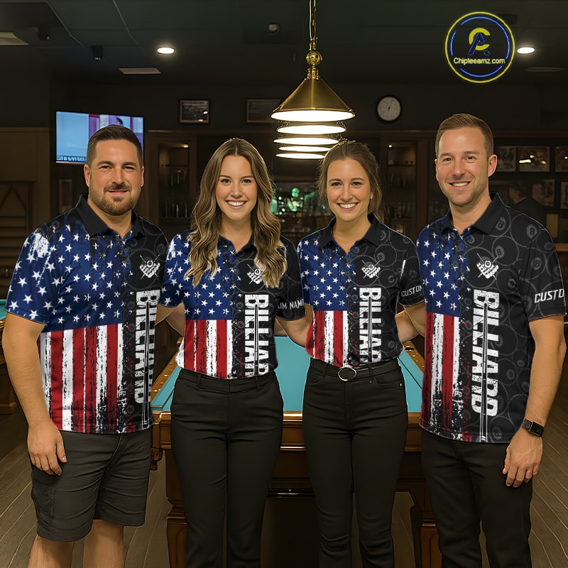 Grunge American Flag 8 Ball Pool Billiard Shirt For Women Custom Patriotic Billiard Team Jersey TDM5428
