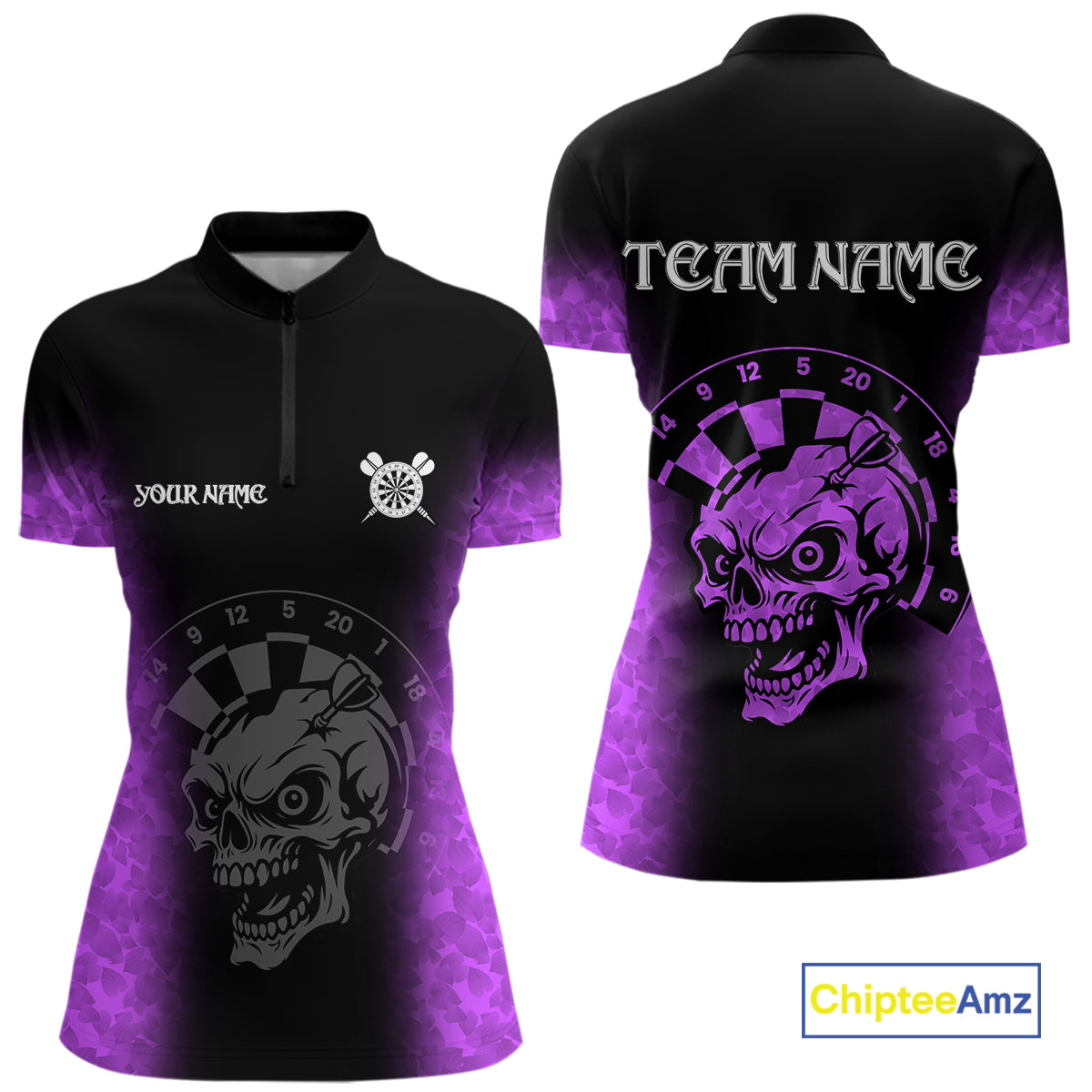 Black And Purple Custom Skull Darts Shirt For Women, Darts Jersey Pocket Option TDM5440