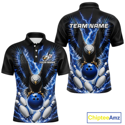 Blue thunder lightning eagle bowling polo shirt for men with custom bowling team graphics.