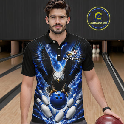 Man wearing a blue thunder lightning eagle bowling polo shirt at a bowling alley front view.