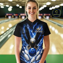Load image into Gallery viewer, Woman wearing a blue thunder lightning eagle bowling quarter zip jersey during league competition front view.