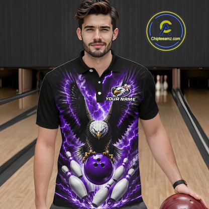 Man wearing a purple thunder lightning eagle bowling polo shirt at a bowling alley front view.