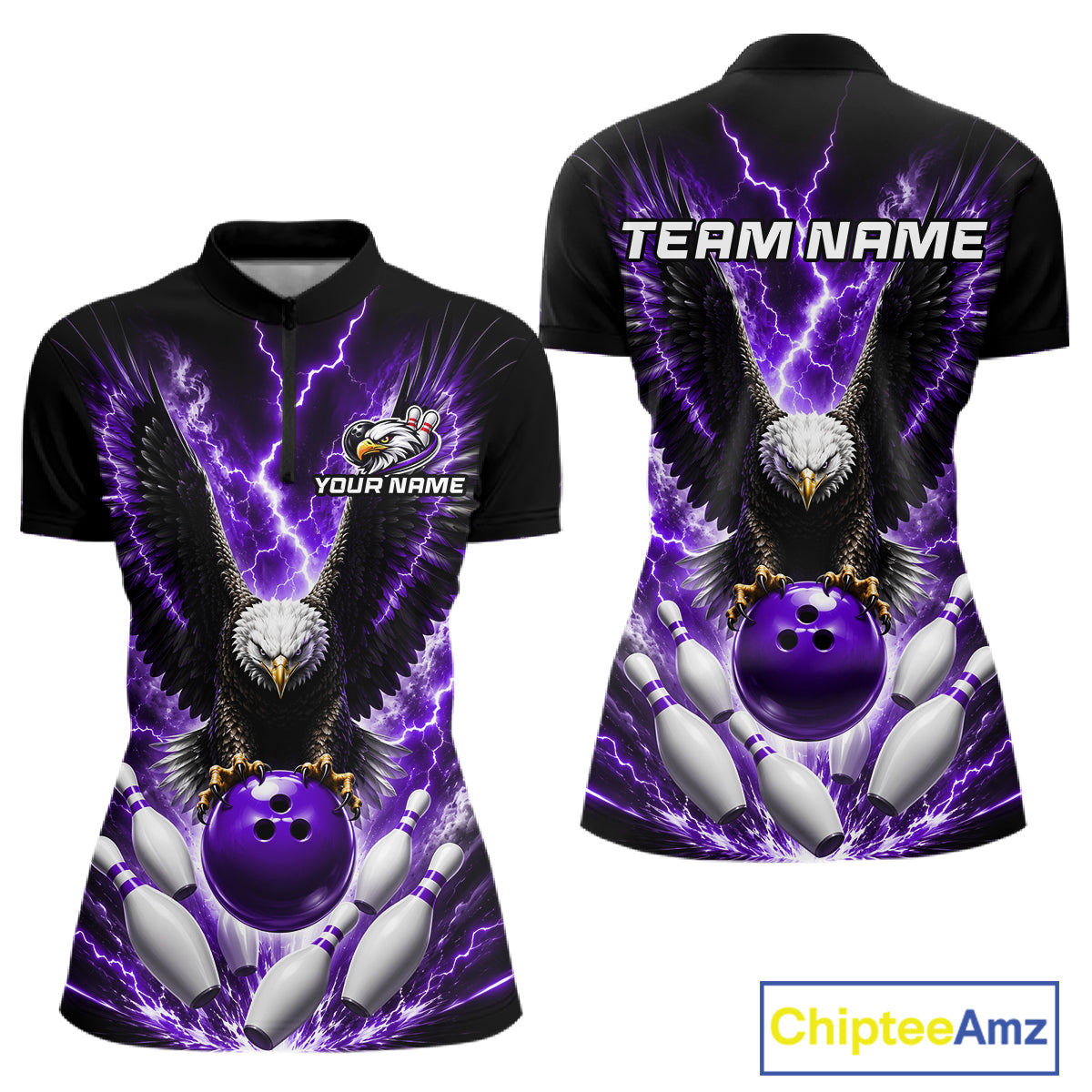 Purple thunder lightning eagle bowling quarter zip shirt for women built for tournaments and league play.