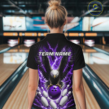 Load image into Gallery viewer, Back view of woman wearing a purple thunder lightning eagle bowling polo shirt inside a bowling alley.