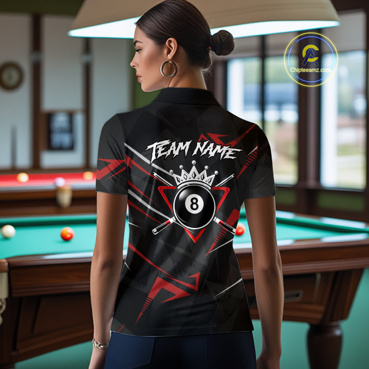 Black And Red 8 Ball Crown Billiard Shirt For Women Custom Pool Team Jersey Polo & 1/4 Zip TDM5921