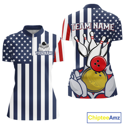 Custom Bowling Balls American Flag Bowling Shirt For Women, Patriotic Bowling Jersey Polo & 1/4 Zip TDM6517