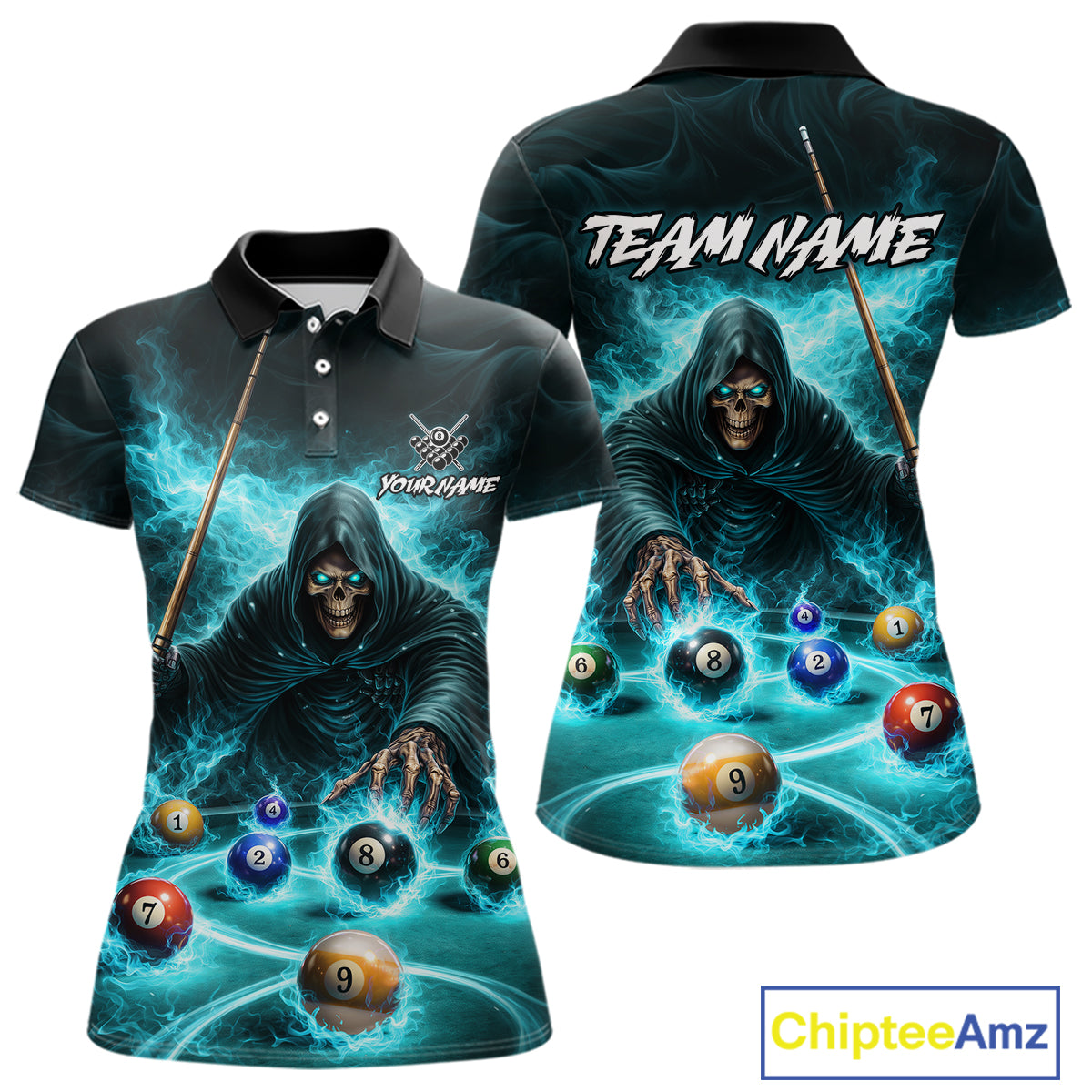 Turquoise Flaming Grim Reaper Billiard Shirt For Women Custom Pool Team Jersey Polo & Quarter Zip TDM5740