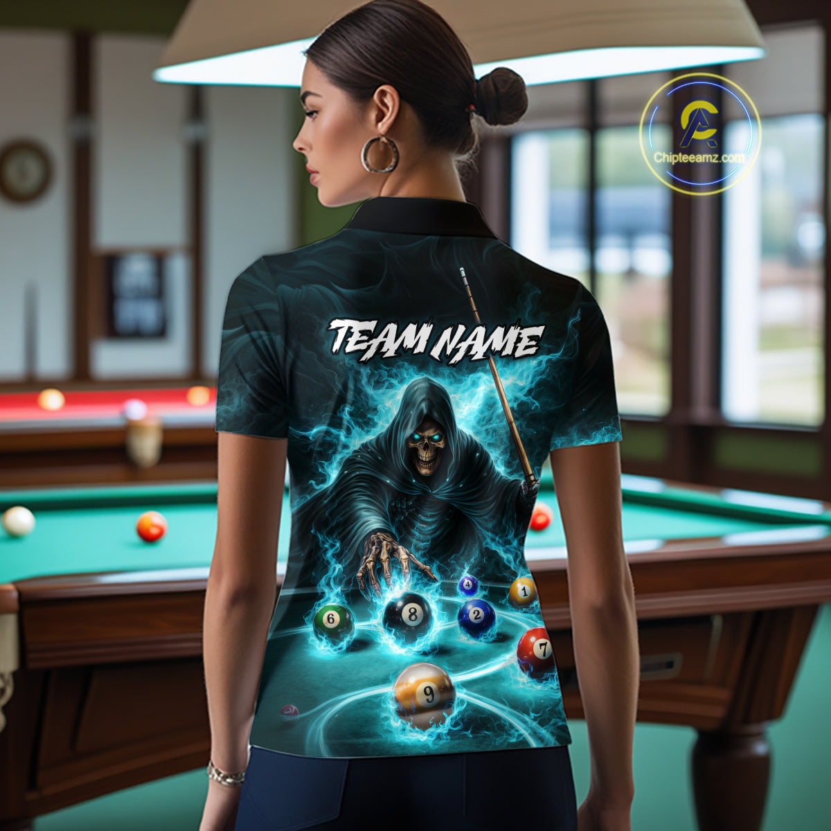 Turquoise Flaming Grim Reaper Billiard Shirt For Women Custom Pool Team Jersey Polo & Quarter Zip TDM5740