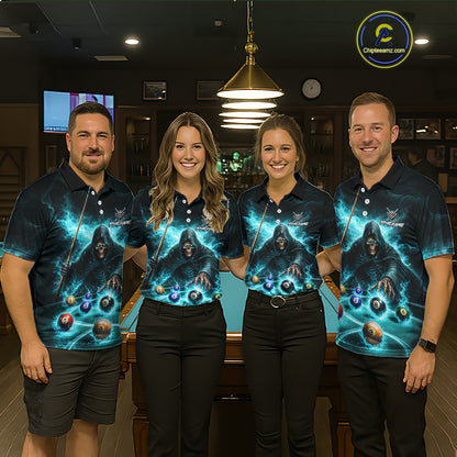 Turquoise Flaming Grim Reaper Billiard Shirt For Women Custom Pool Team Jersey Polo & Quarter Zip TDM5740