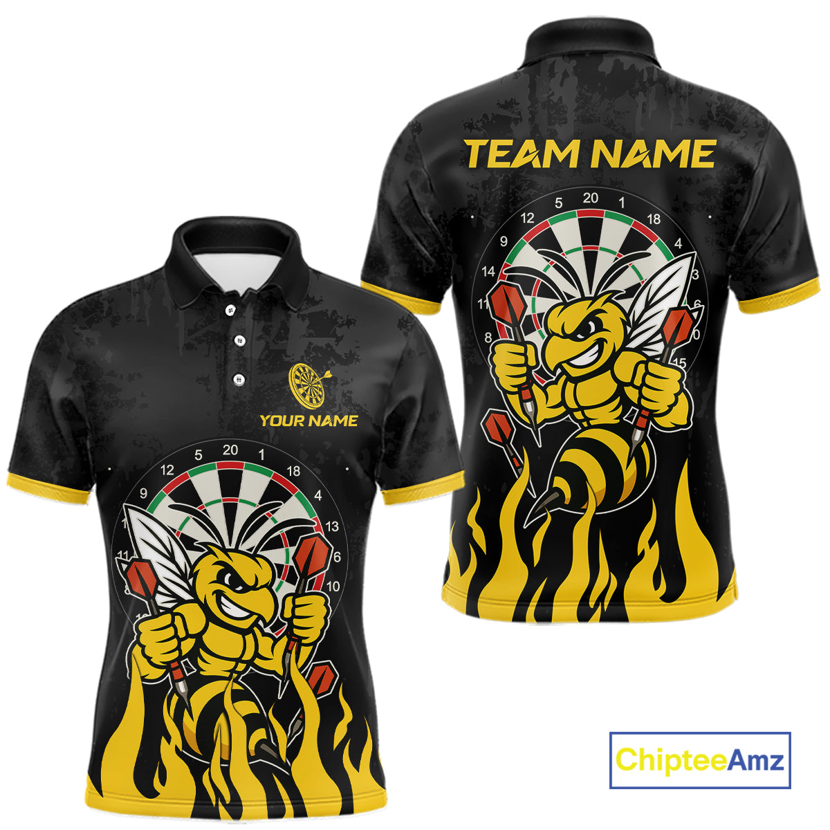 Black and yellow funny bee darts team jersey polo shirt for men featuring a funny bee design, premium custom darts league apparel and personalized darts gifts.