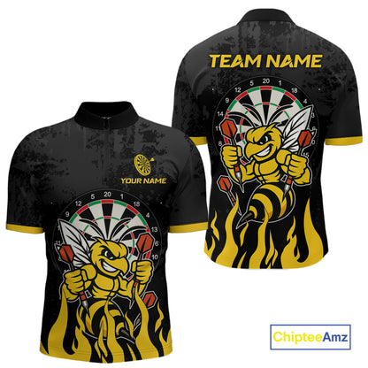 Black and yellow funny bee darts team jersey quarter zip shirt for men featuring vibrant bee artwork, premium custom darts apparel.