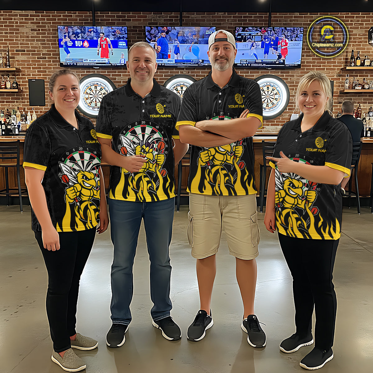 Man wearing black and yellow funny bee darts team jersey quarter zip shirt featuring funny bee artwork, front view.