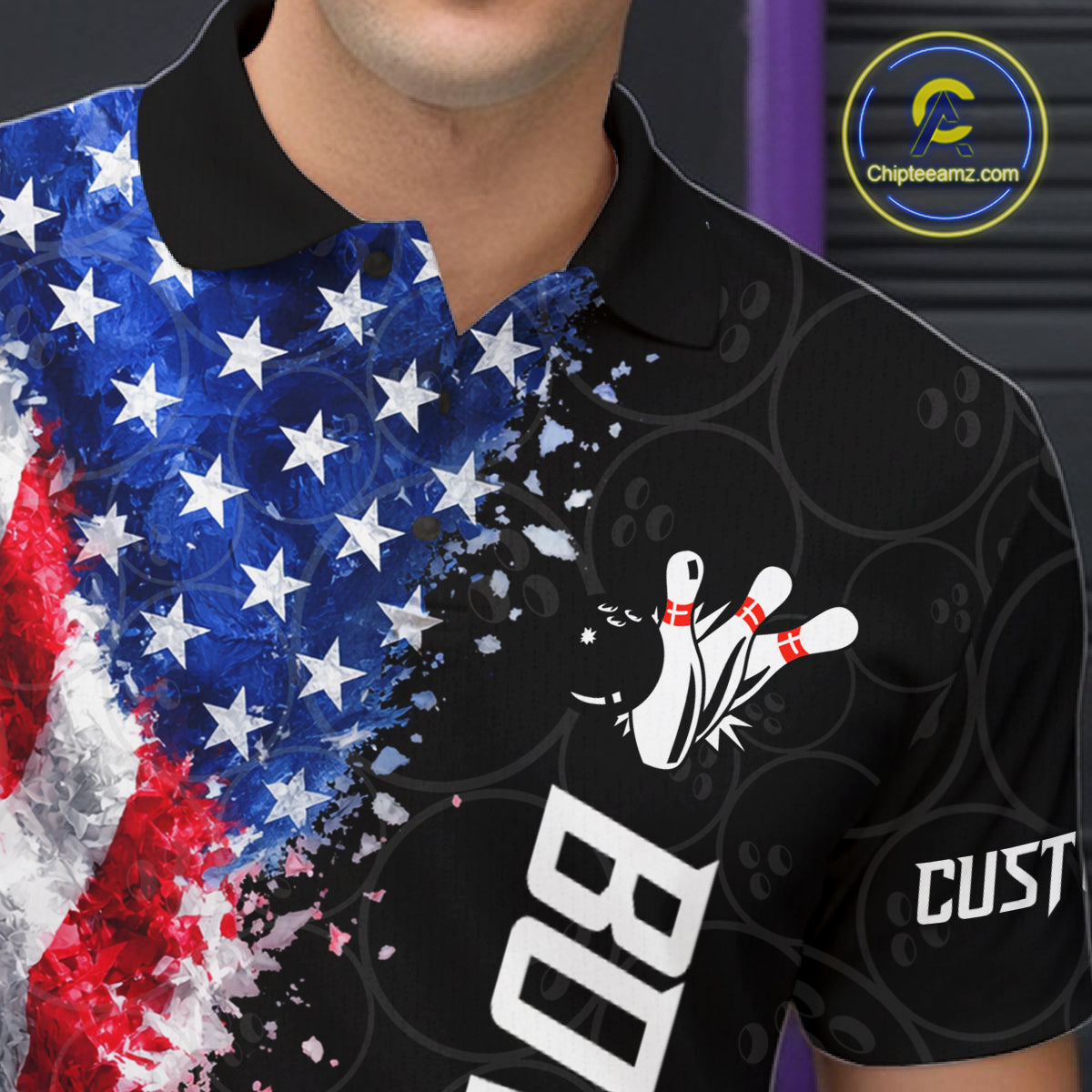 Close-up of an American flag bowling polo shirt collar, buttons, and patriotic artwork details.