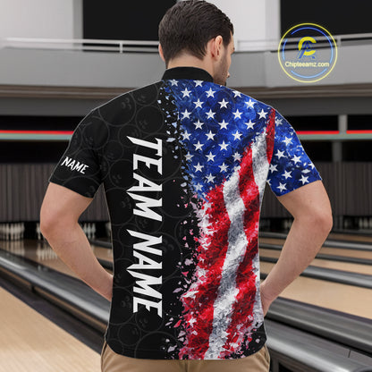 Back view of man wearing an American flag bowling quarter zip shirt in a bowling alley.