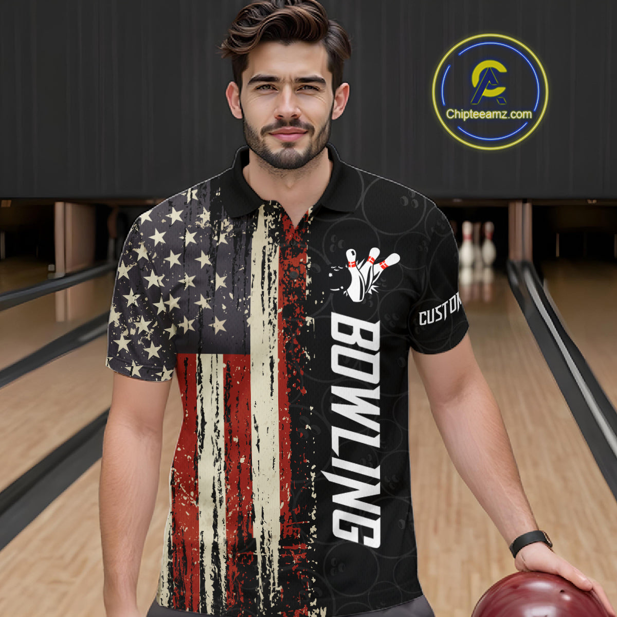 Man wearing a vintage American flag bowling polo shirt at a bowling alley front view.