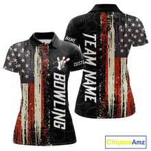 Load image into Gallery viewer, Vintage American flag bowling polo shirt for women with patriotic bowling team graphics.