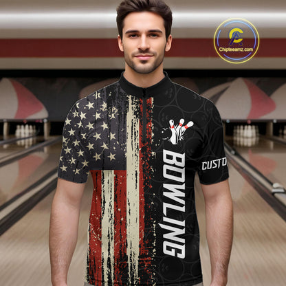 Man wearing a vintage American flag bowling quarter zip jersey during league competition front view.