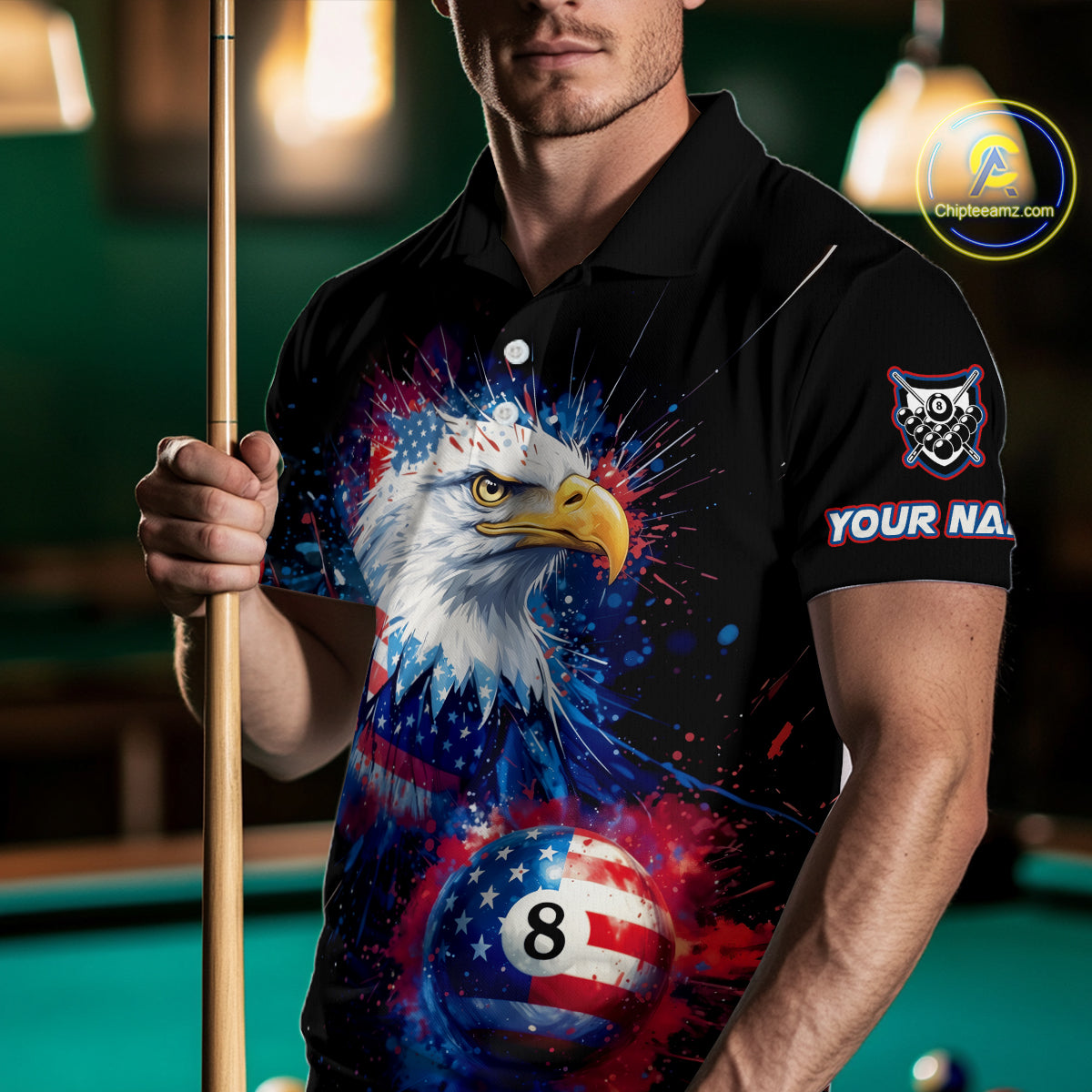 Patriotic Eagle 8 Ball Billiard Polo & 1/4 Zip For Men Custom Paint Splash Us Flag Billiard Jersey TDM5235