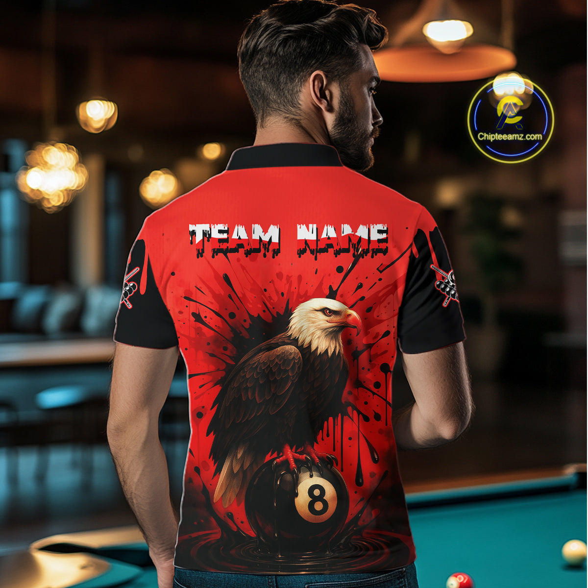 Red 8 Ball Pool Eagle Paint Splash Billiard Shirt For Men Custom Billiard Jersey Polo & 1/4 Zip TDM5492
