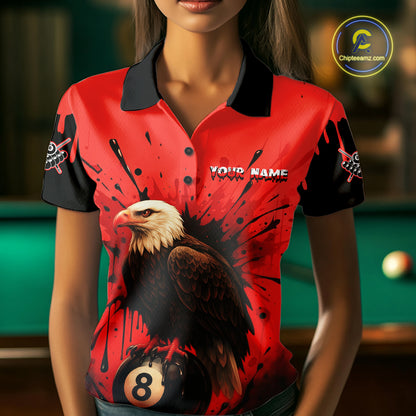 Red 8 Ball Pool Eagle Paint Splash Billiard Shirt For Women Custom Billiard Jersey Polo & 1/4 Zip TDM5492