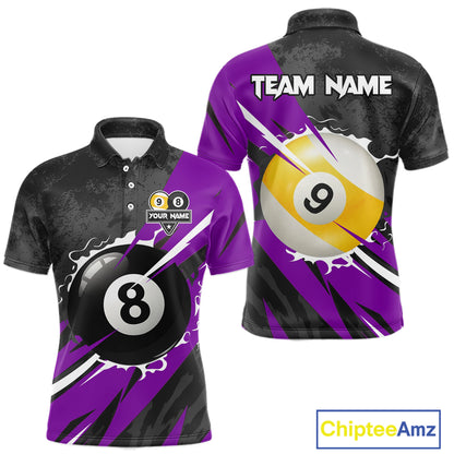 Black And Purple 8 Ball & 9 Ball Billiard Shirt For Men Custom Pool Team Jersey Polo & 1/4 Zip TDM6364