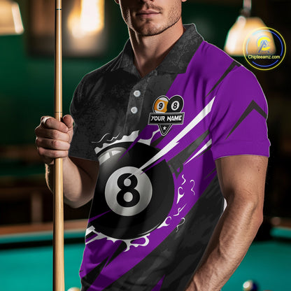 Black And Purple 8 Ball & 9 Ball Billiard Shirt For Men Custom Pool Team Jersey Polo & 1/4 Zip TDM6364