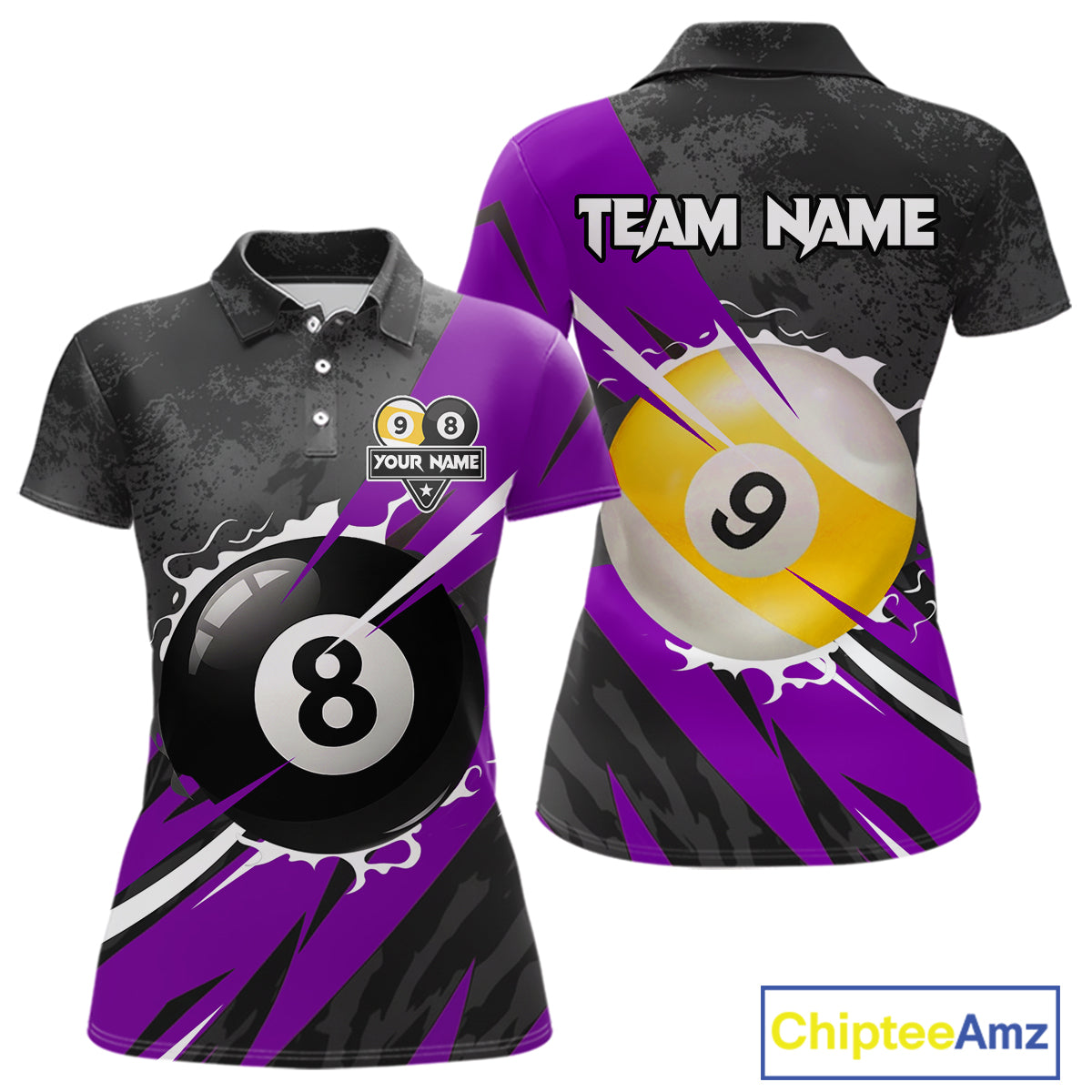 Black And Purple 8 Ball & 9 Ball Billiard Shirt For Women Custom Pool Team Jersey Polo & 1/4 Zip TDM6364