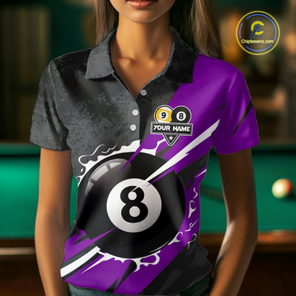 Black And Purple 8 Ball & 9 Ball Billiard Shirt For Women Custom Pool Team Jersey Polo & 1/4 Zip TDM6364