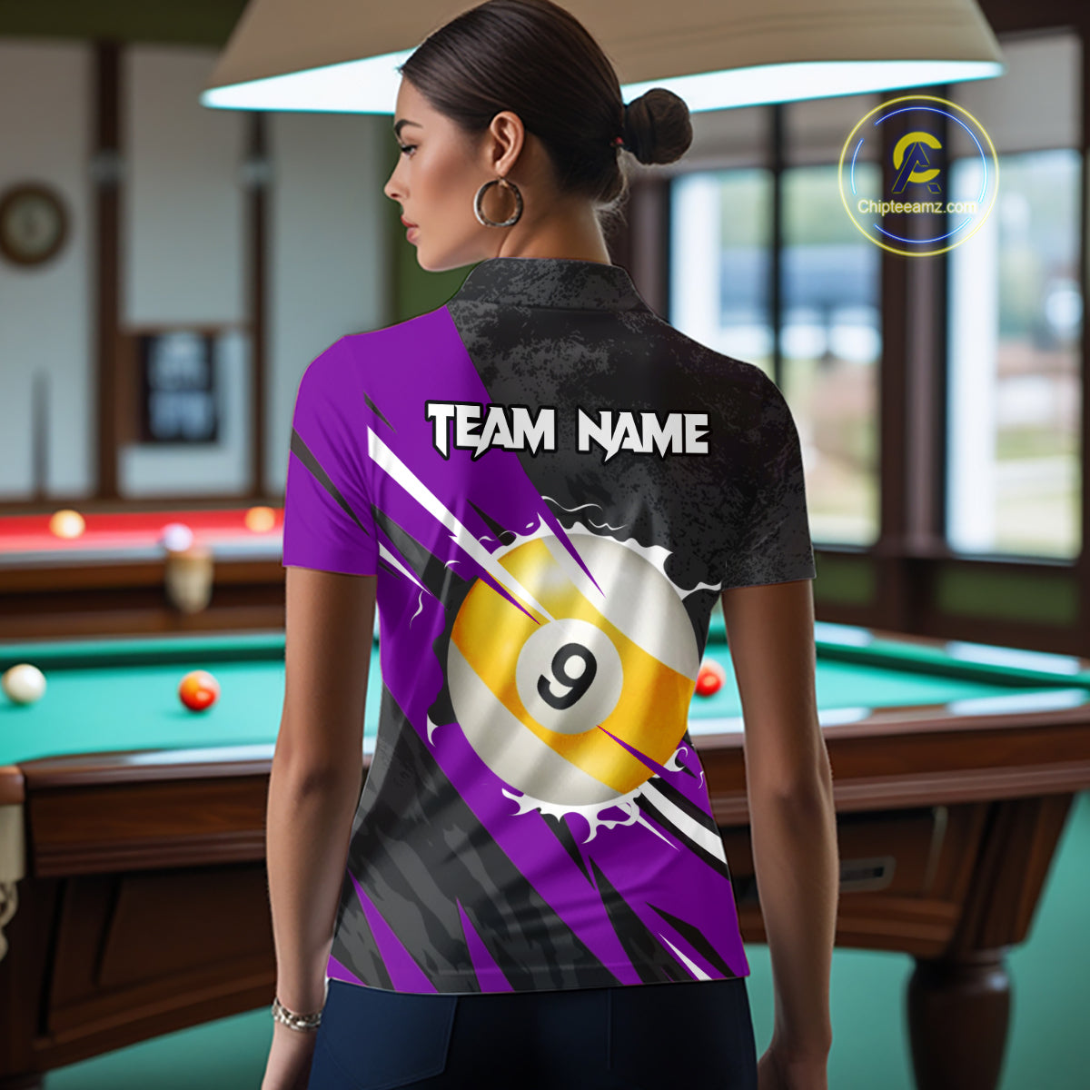 Black And Purple 8 Ball & 9 Ball Billiard Shirt For Women Custom Pool Team Jersey Polo & 1/4 Zip TDM6364