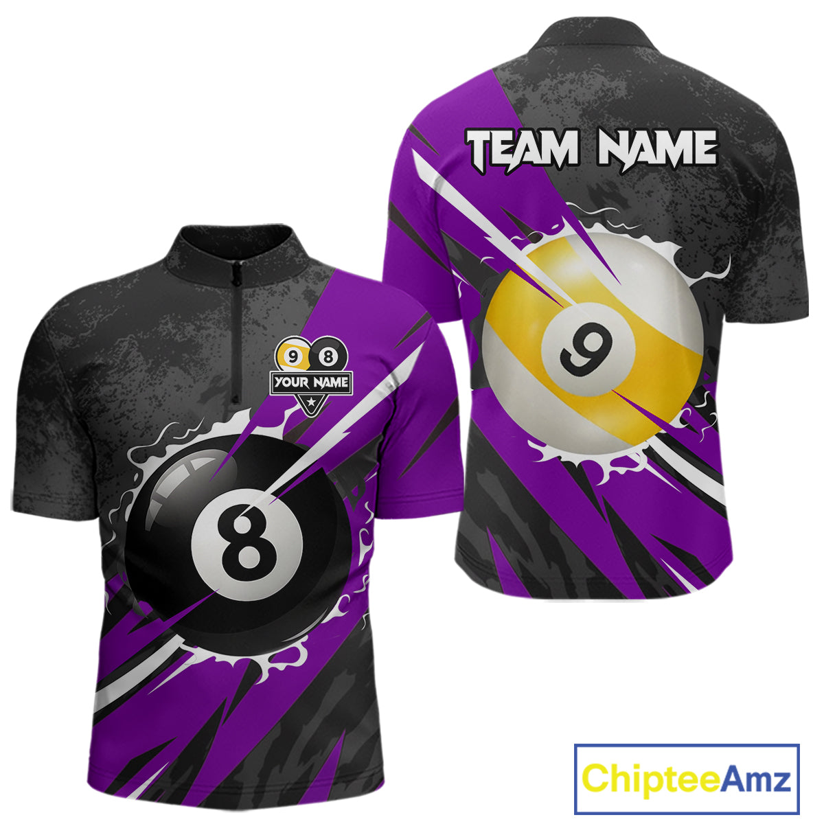 Black And Purple 8 Ball & 9 Ball Billiard Shirt For Men Custom Pool Team Jersey Polo & 1/4 Zip TDM6364