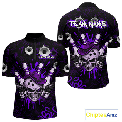 Black and purple funny cowboy skull bowling team jersey quarter zip shirt for men featuring bold cowboy skull bowling artwork, premium custom bowling league apparel.