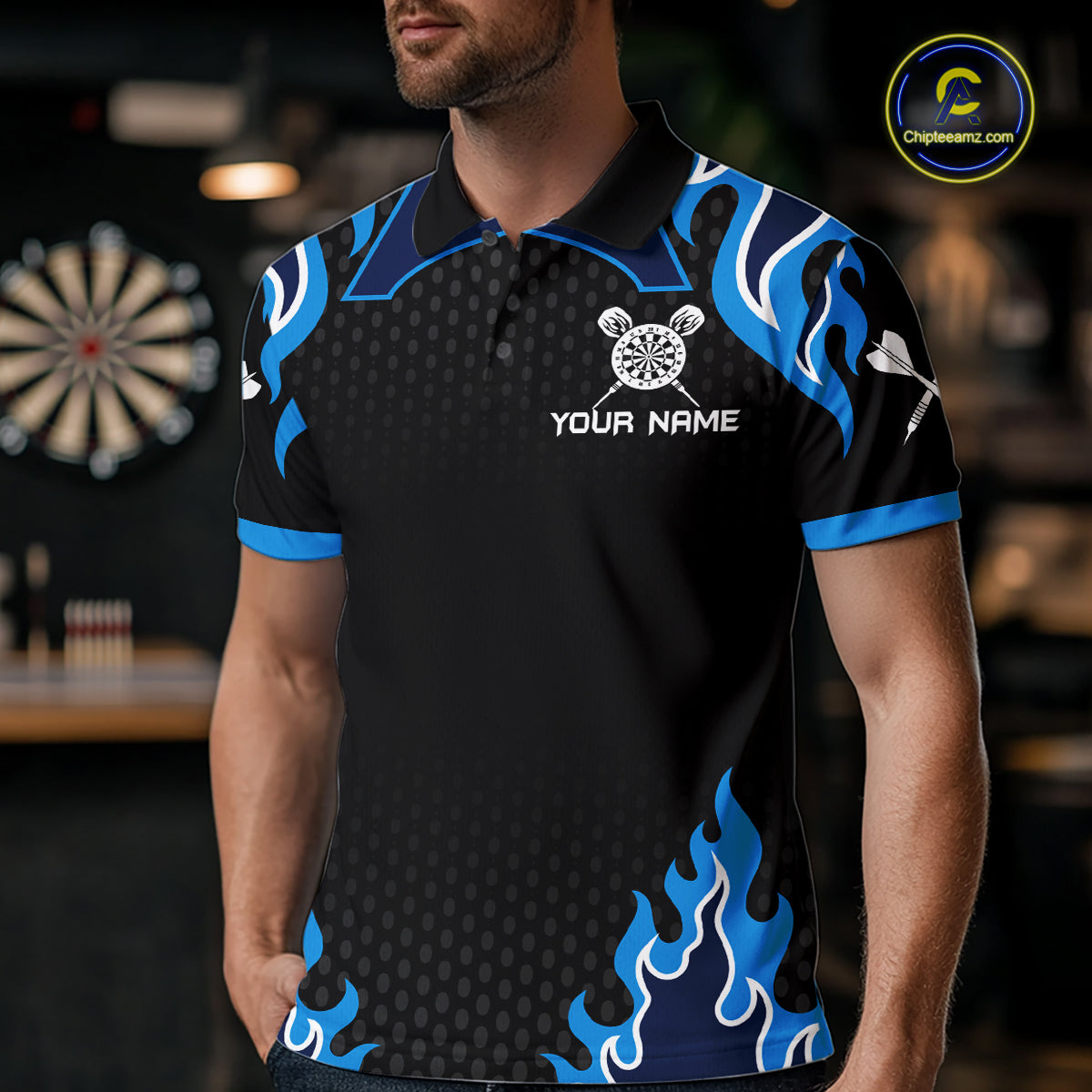 Black And Blue Flaming Darts Jersey Polo & Quarter Zip Custom Darts Team Shirt For Men TDM6146